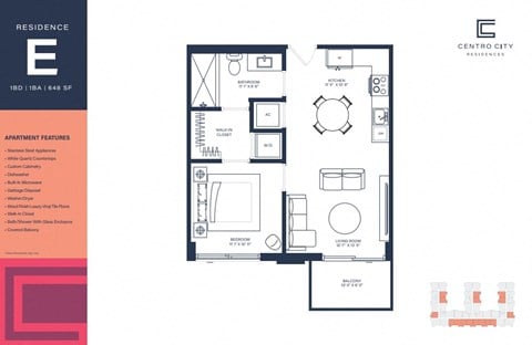 Floor plan for 1 bed, 1 bath, 648 sqft